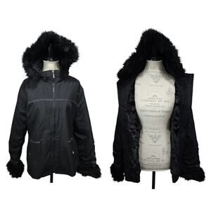 Regent Park Black Faux Fur Lined Hooded Parka Jacket Removable Vest Liner Hood